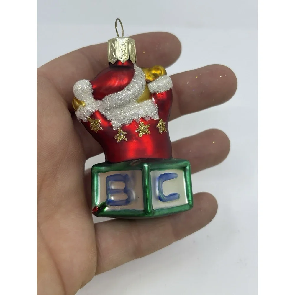Teddy Bear On Letter Block Glass Christmas Ornament Santa